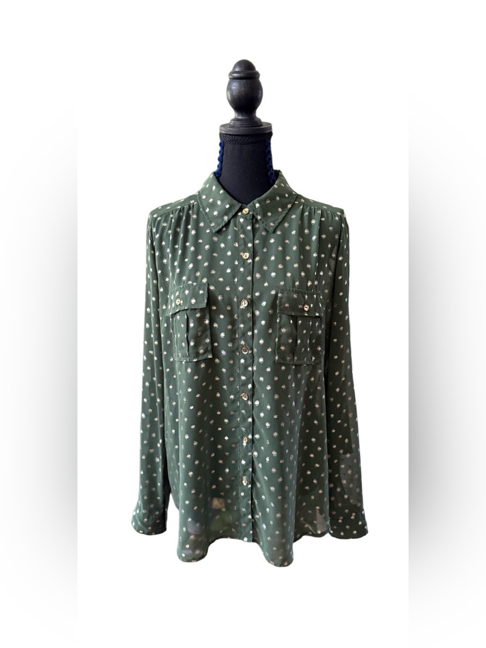 Faith and Joy Green Button Up Blouse with Golden Polka Dots